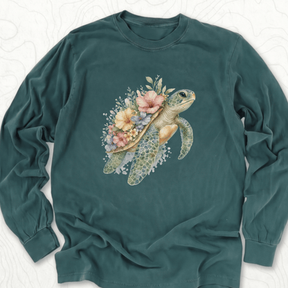 Floral Sea Turtle LS T-shirt - Blue Spruce