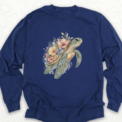 Floral Sea Turtle LS T-shirt - True Navy