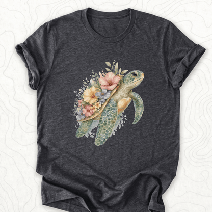 Floral Sea Turtle Tee - Dark Grey Heather