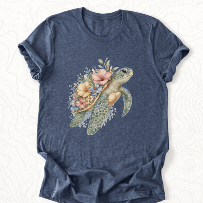 Floral Sea Turtle Tee - Heather Navy