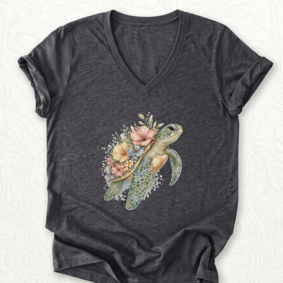 Floral Sea Turtle V-Neck - Dark Grey Heather