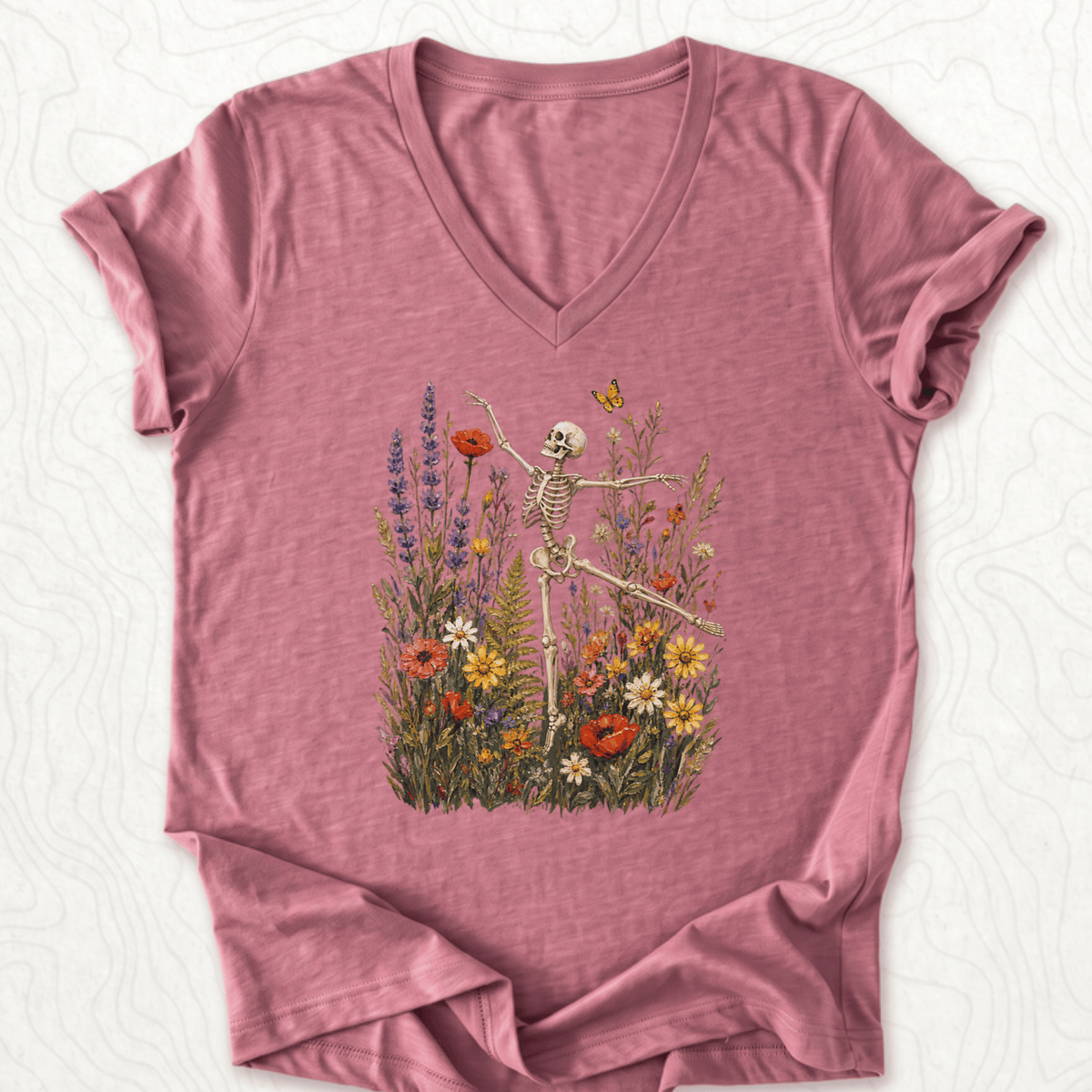 Floral Skeleton V-Neck - Heather Mauve