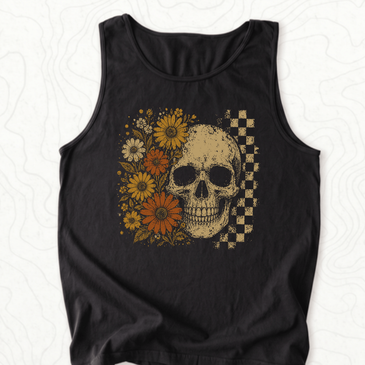 Floral Skull Tank Top - Black