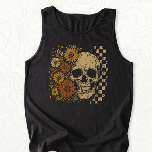 Floral Skull Tank Top - Black