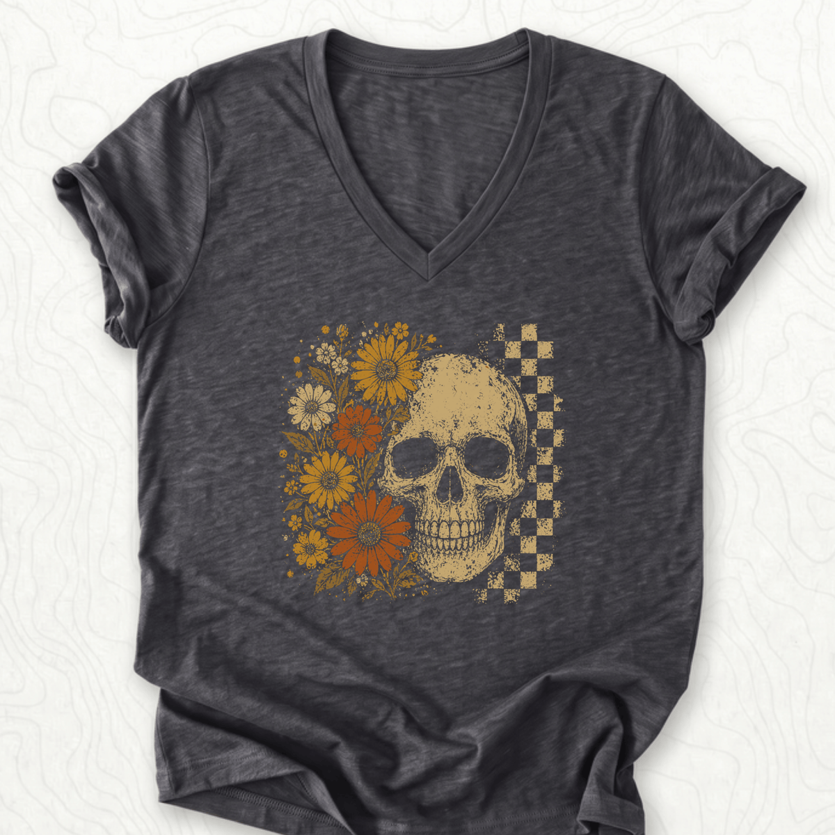 Floral Skull V-Neck - Dark Grey Heather