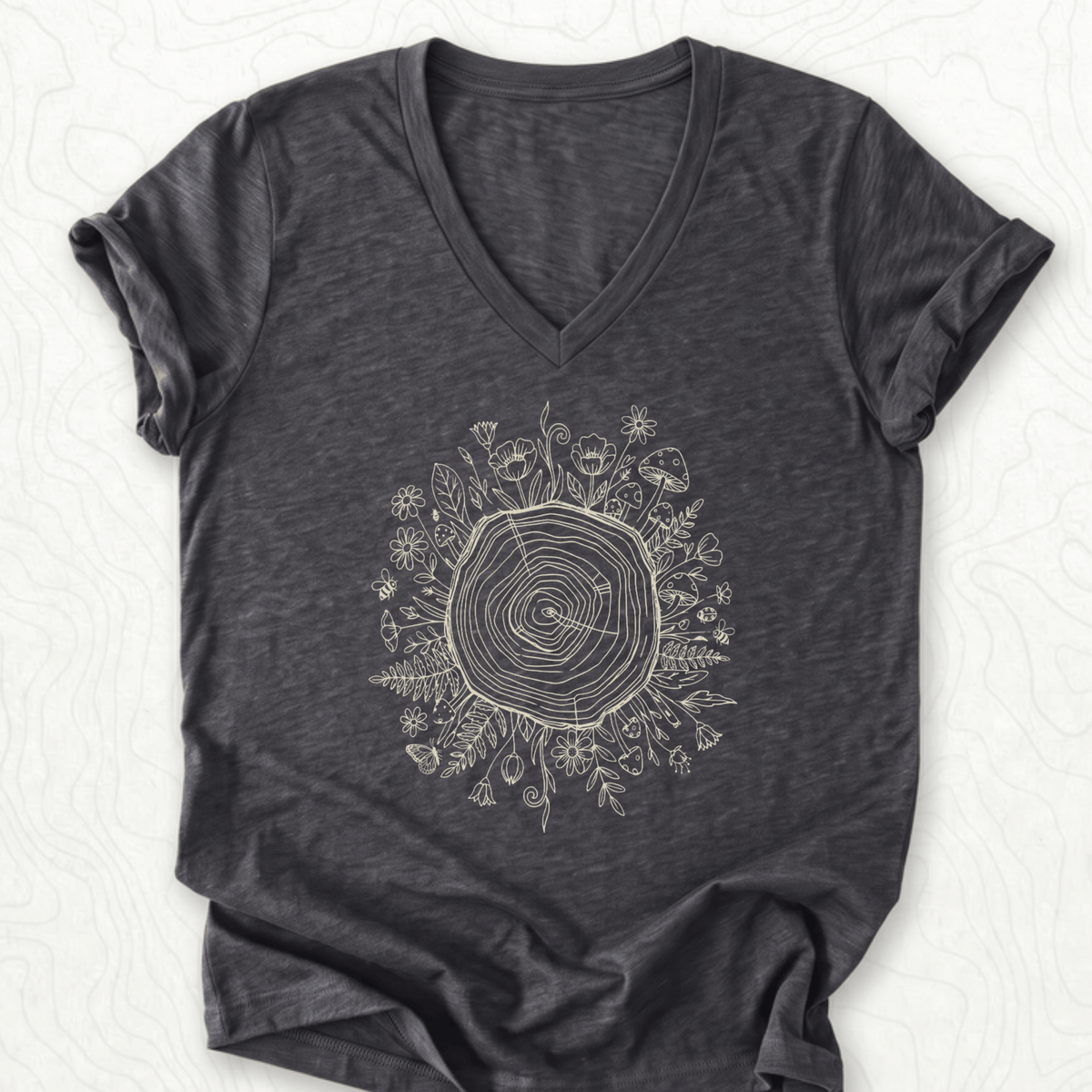 Floral Tree Rings V-Neck - Dark Grey Heather