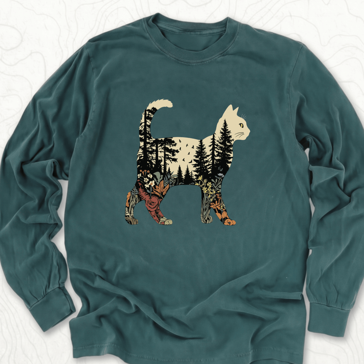 Forest Cat Silhouette LS T-shirt - Blue Spruce