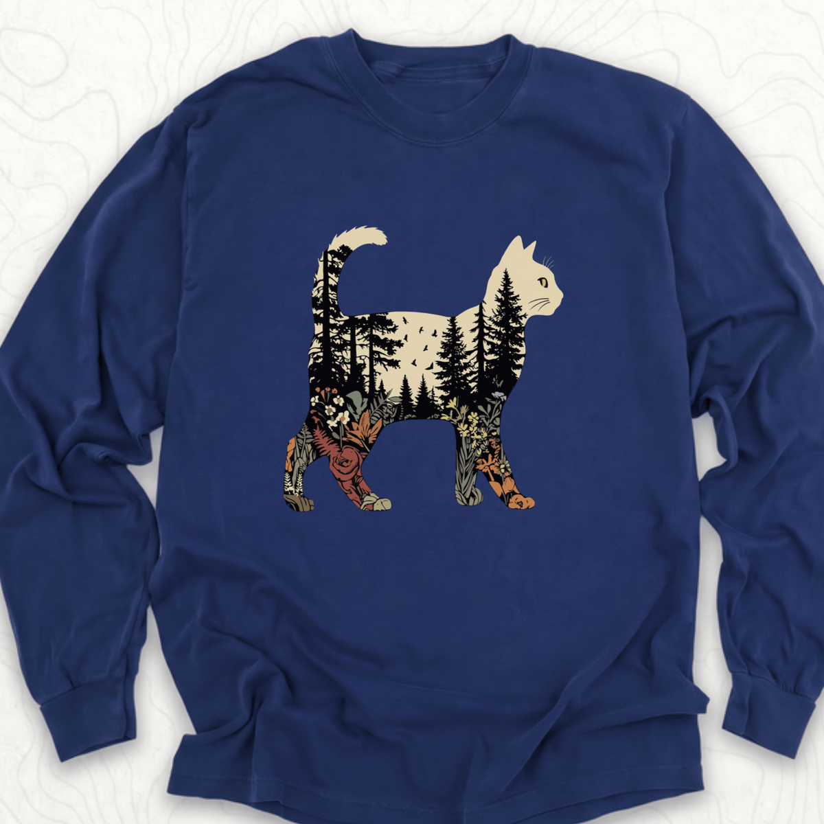 Forest Cat Silhouette LS T-shirt - True Navy