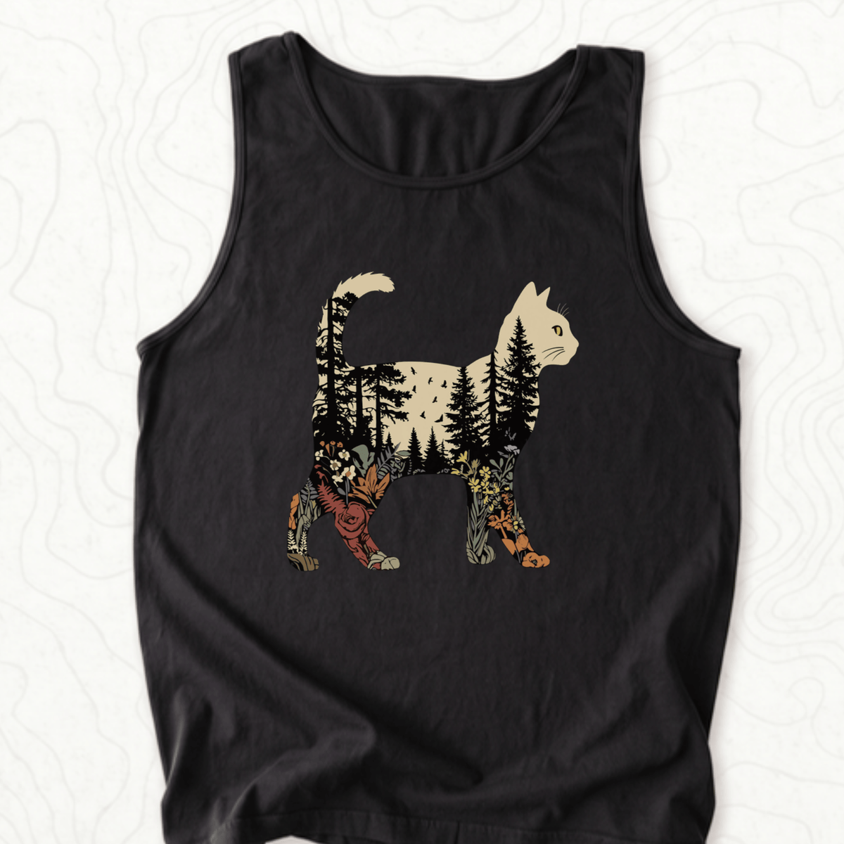 Forest Cat Silhouette Tank Top - Black