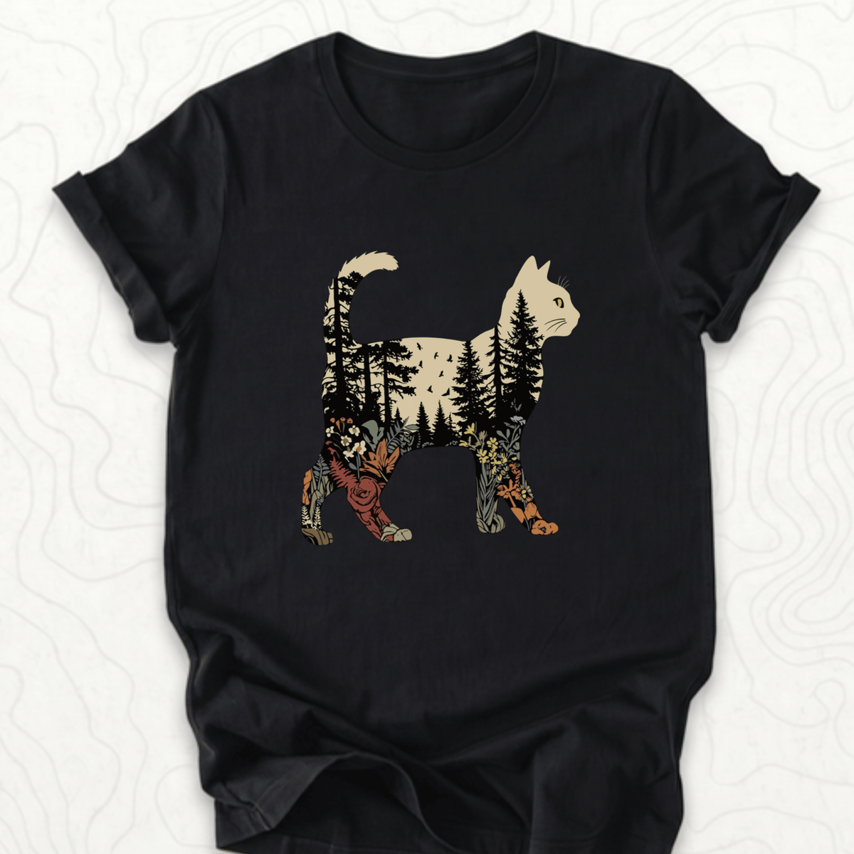 Forest Cat Silhouette Tee - Black
