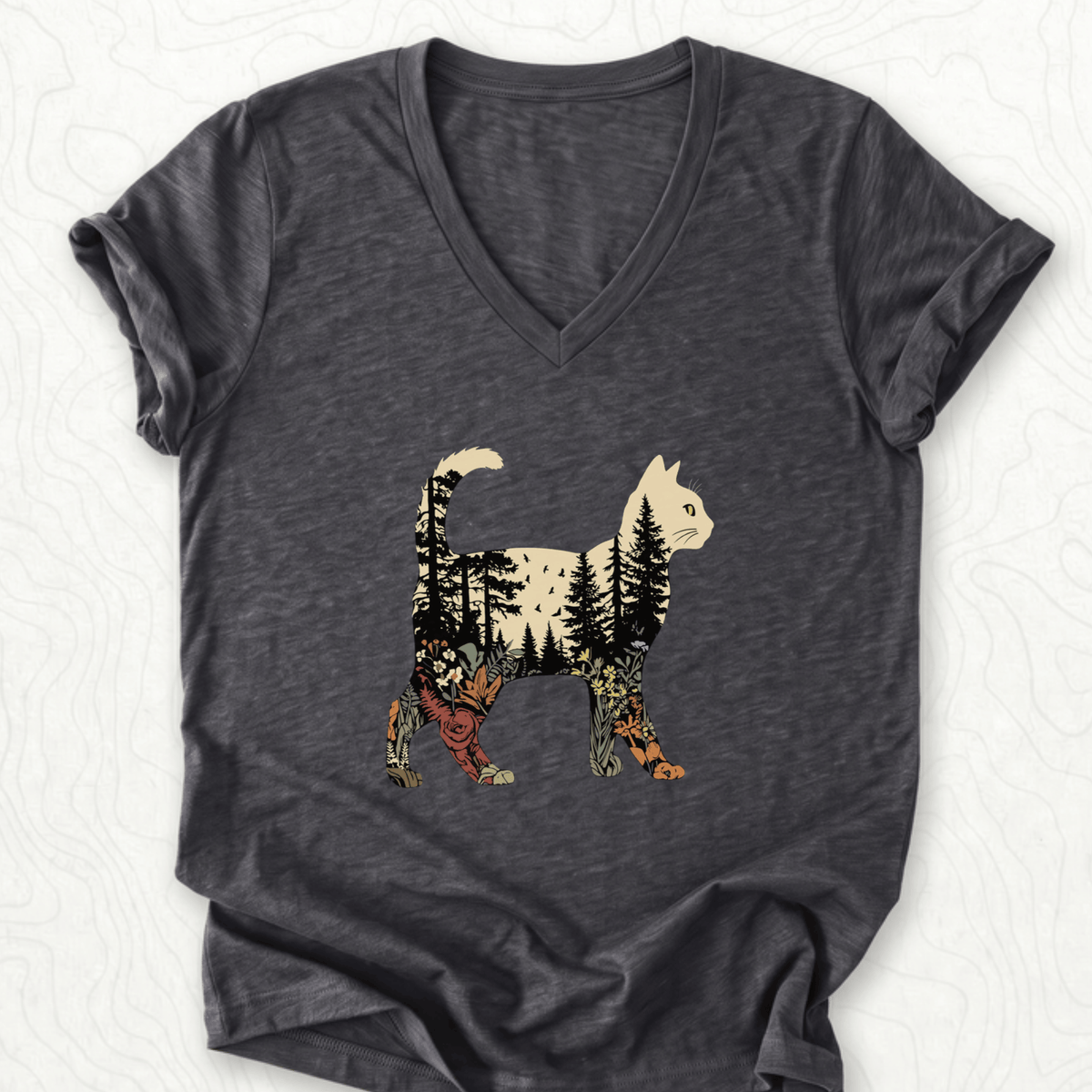 Forest Cat Silhouette V-Neck - Dark Grey Heather