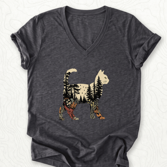 Forest Cat Silhouette V-Neck - Dark Grey Heather