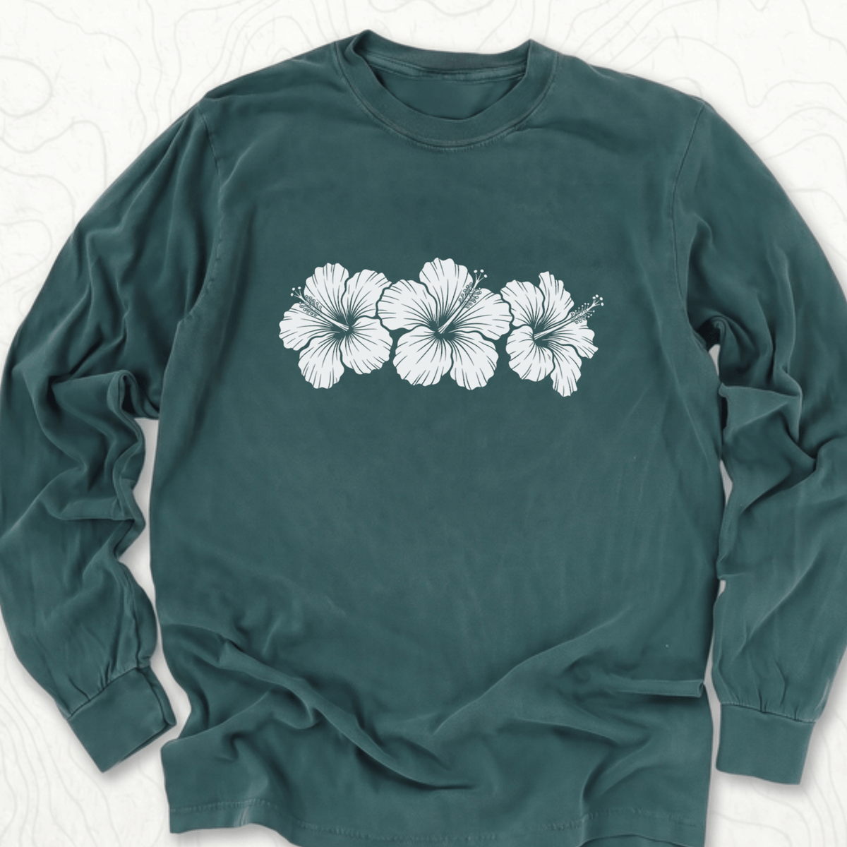 Hibiscus Flowers LS T-shirt - Blue Spruce