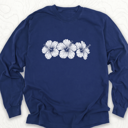 Hibiscus Flowers LS T-shirt - True Navy
