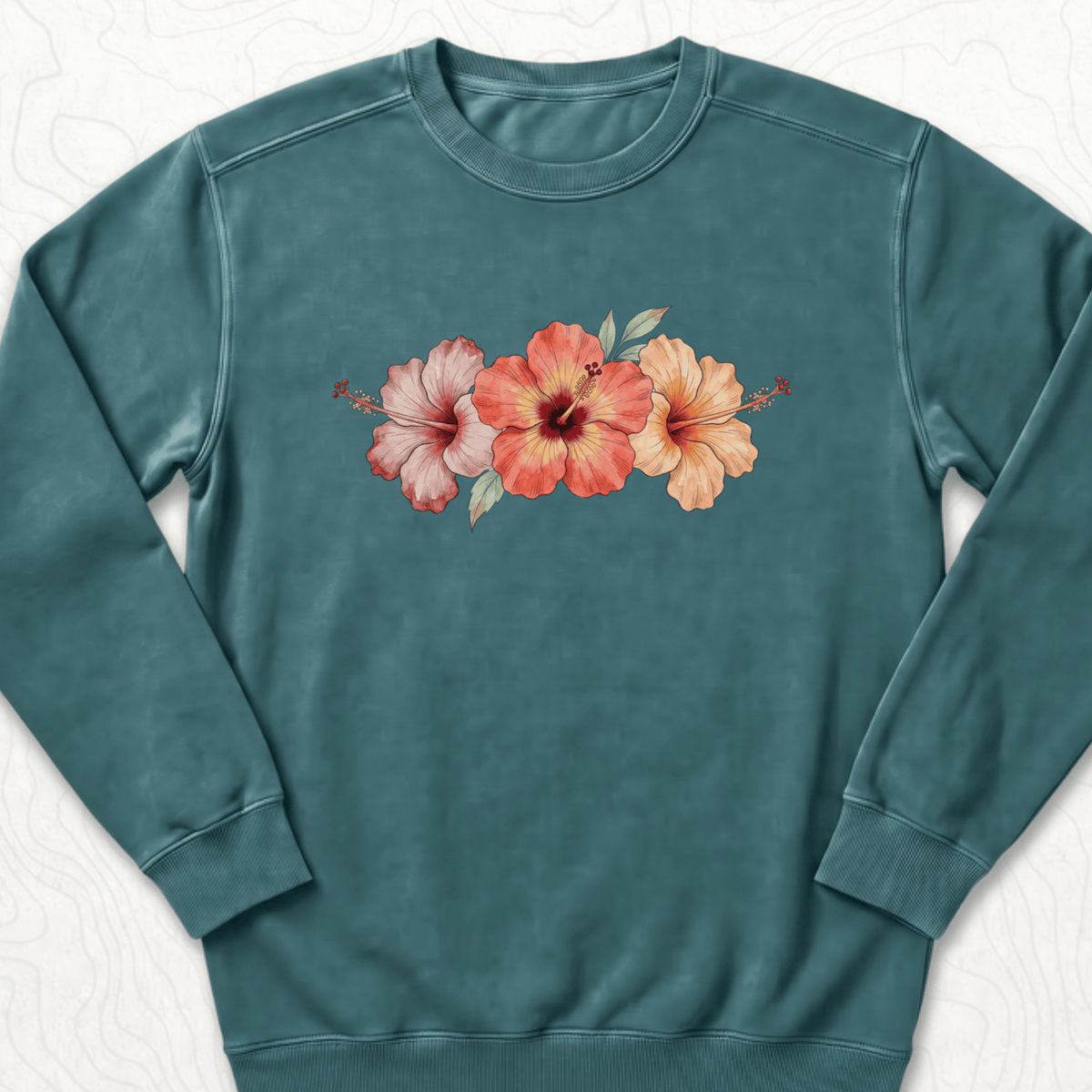 Hibiscus Flowers Sweatshirt - Blue Spruce