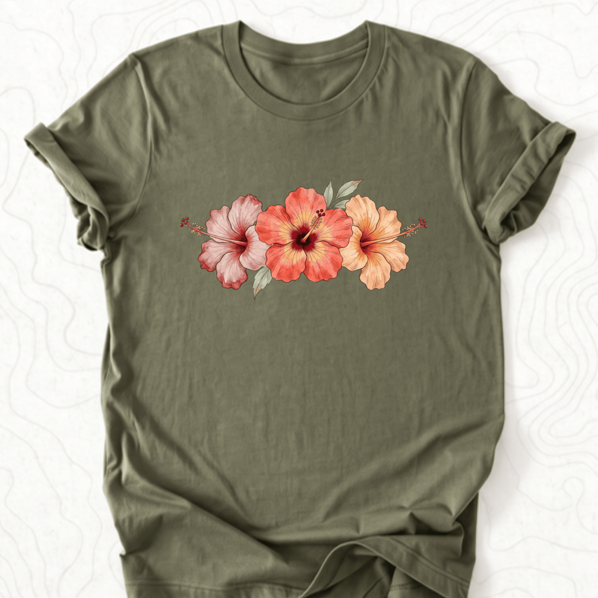 Hibiscus Flowers Tee - Military Green