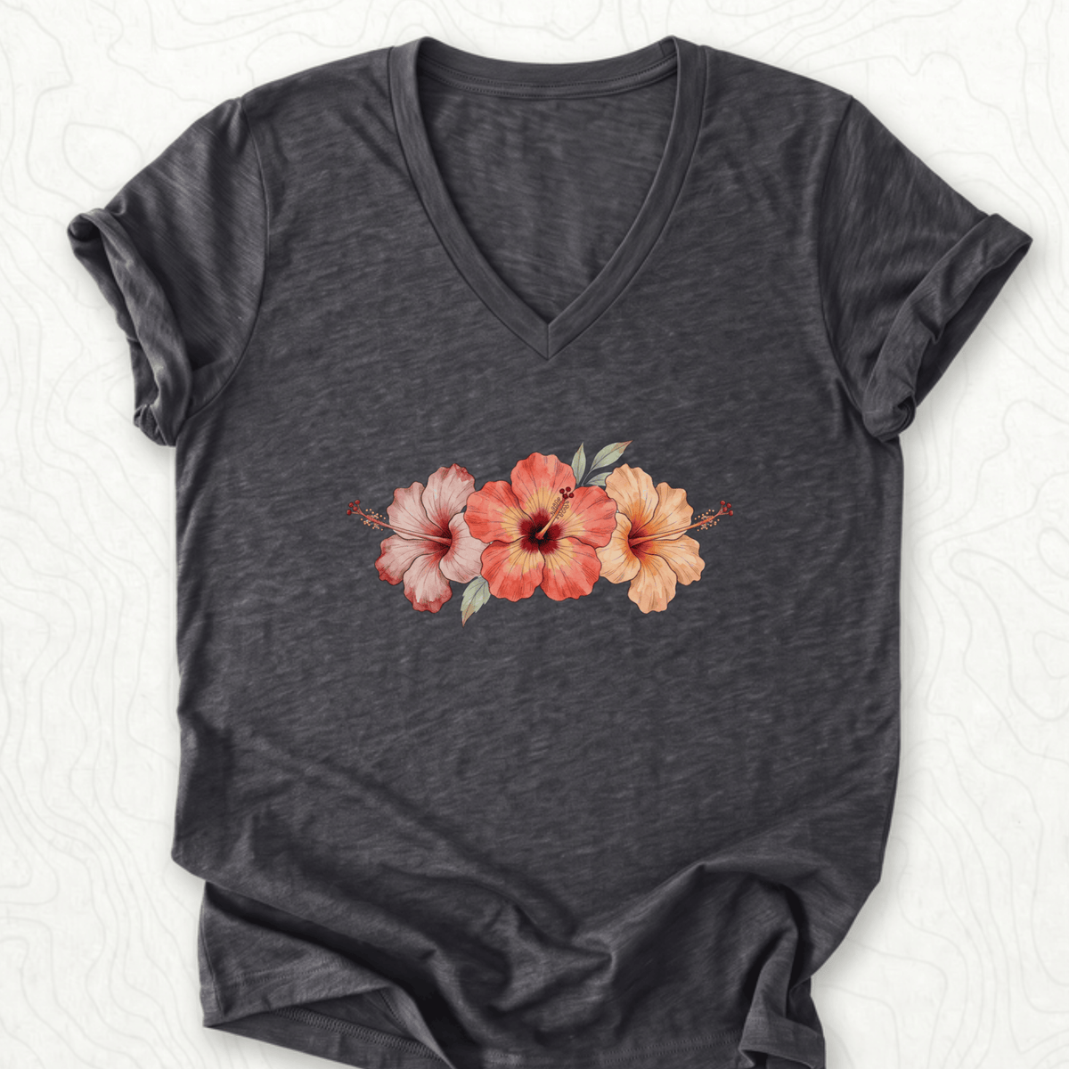 Hibiscus Flowers V-Neck - Dark Grey Heather