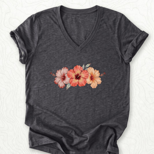 Hibiscus Flowers V-Neck - Dark Grey Heather