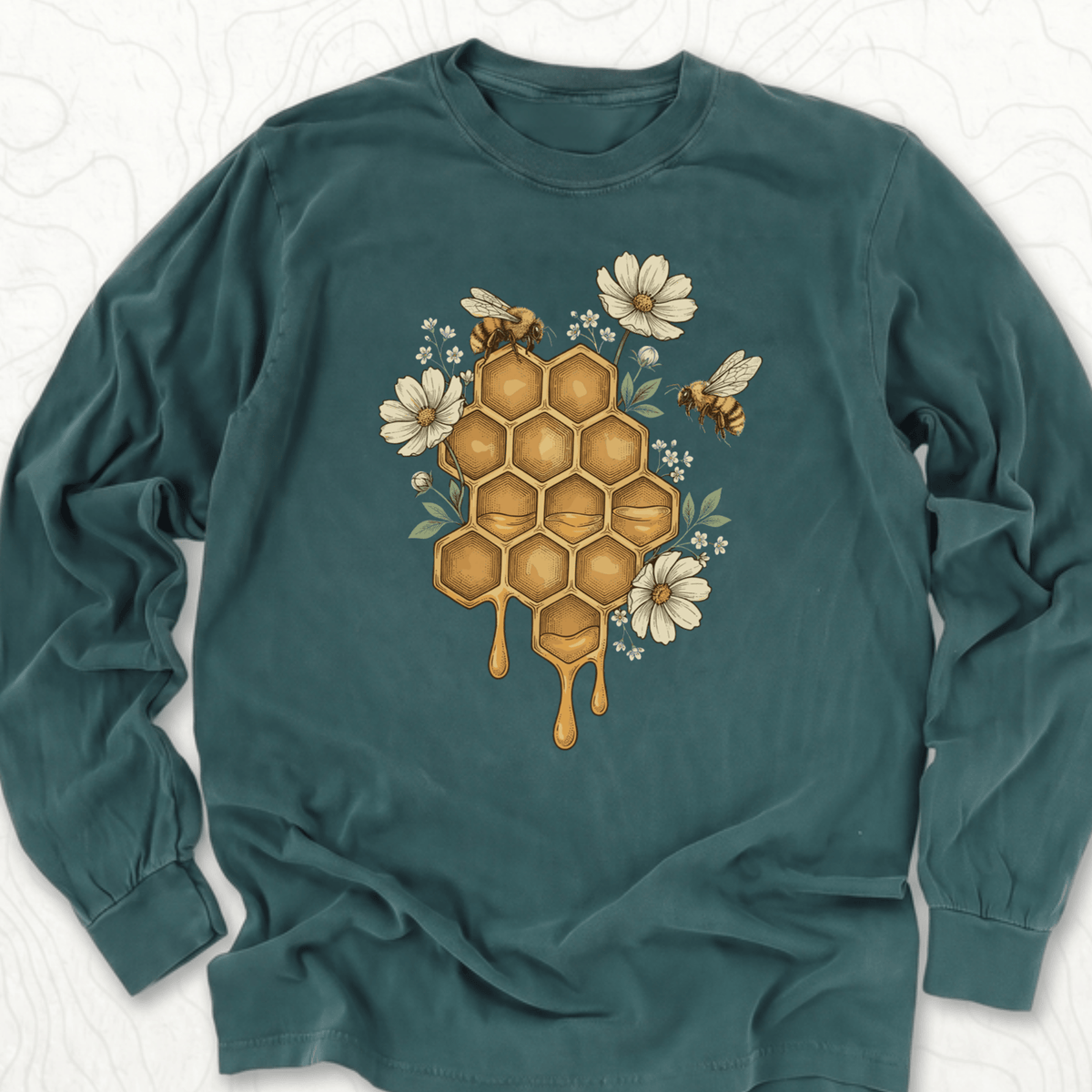 Honeycomb Bees LS T-shirt - Blue Spruce