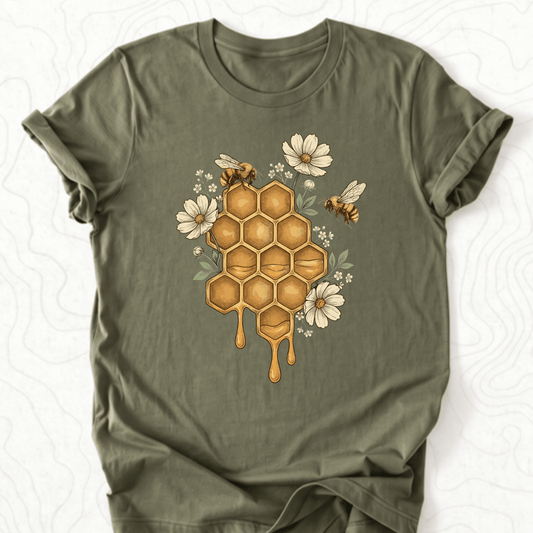 Honeycomb Bees Tee - Military Green