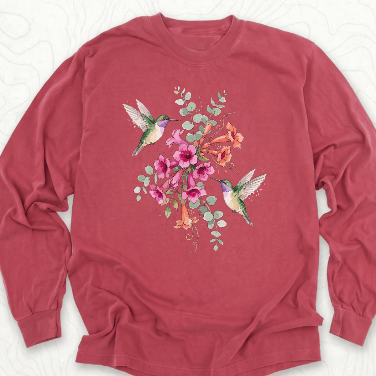 Hummingbird Bouquet LS T-shirt - Crimson