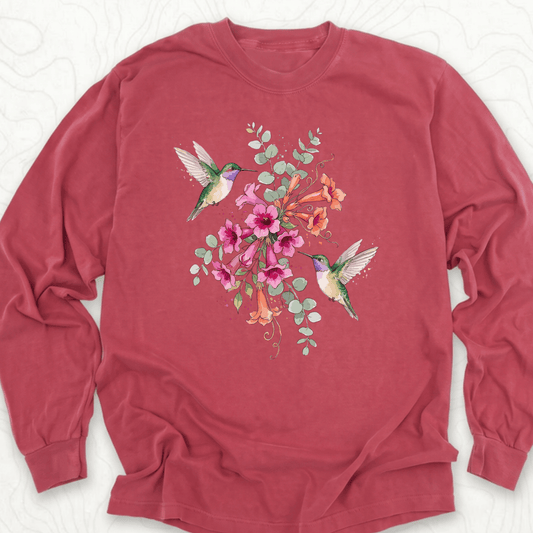 Hummingbird Bouquet LS T-shirt - Crimson