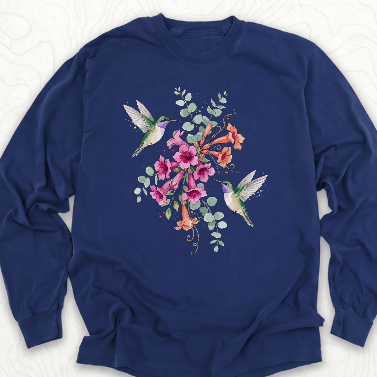 Hummingbird Bouquet LS T-shirt - True Navy
