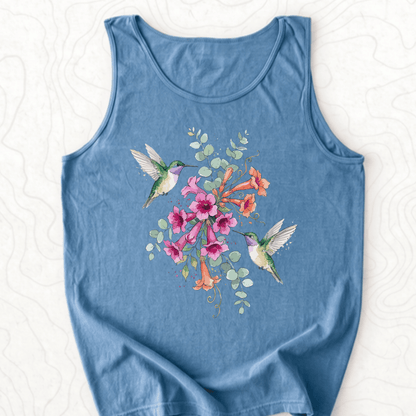 Hummingbird Bouquet Tank Top - Blue Jean