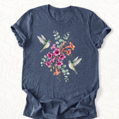 Hummingbird Bouquet Tee - Heather Navy