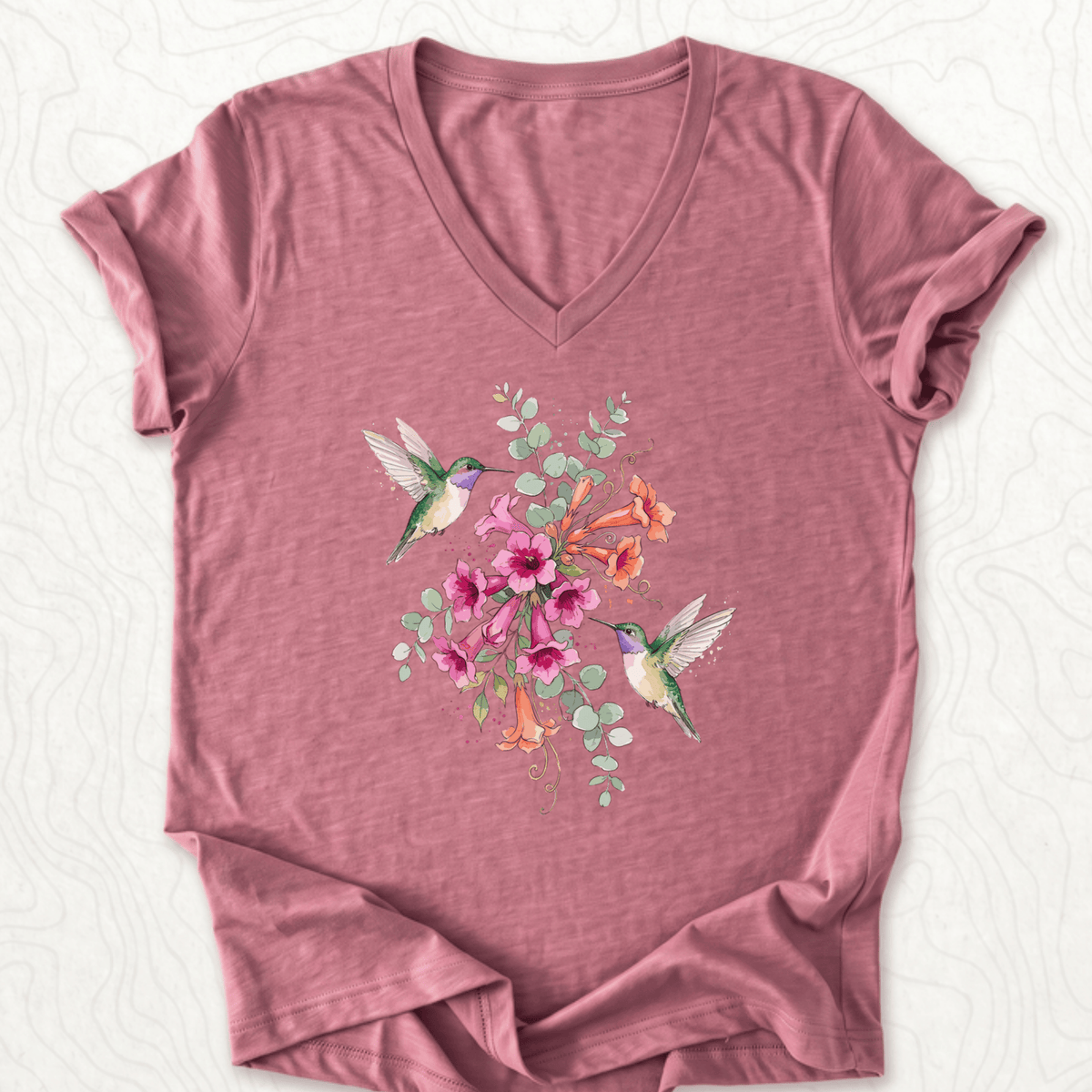 Hummingbird Bouquet V-Neck - Heather Mauve