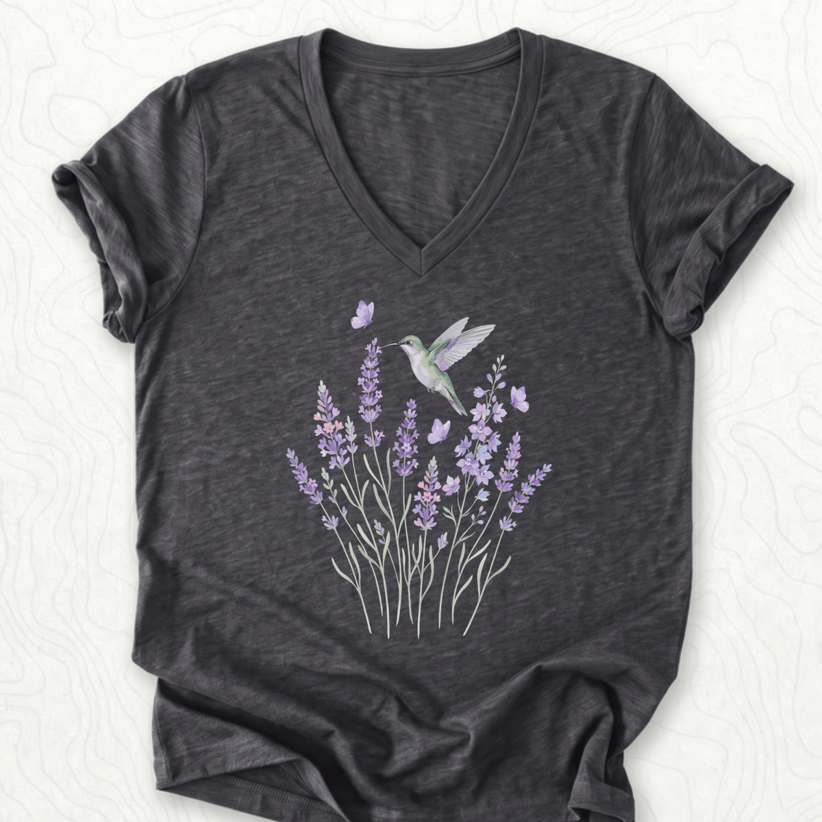 Hummingbird Lavender V-Neck - Dark Grey Heather