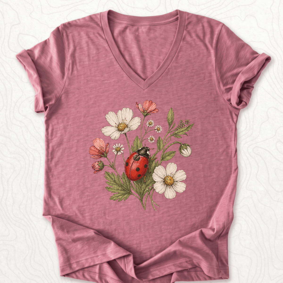 Ladybug Flowers V-Neck - Heather Mauve
