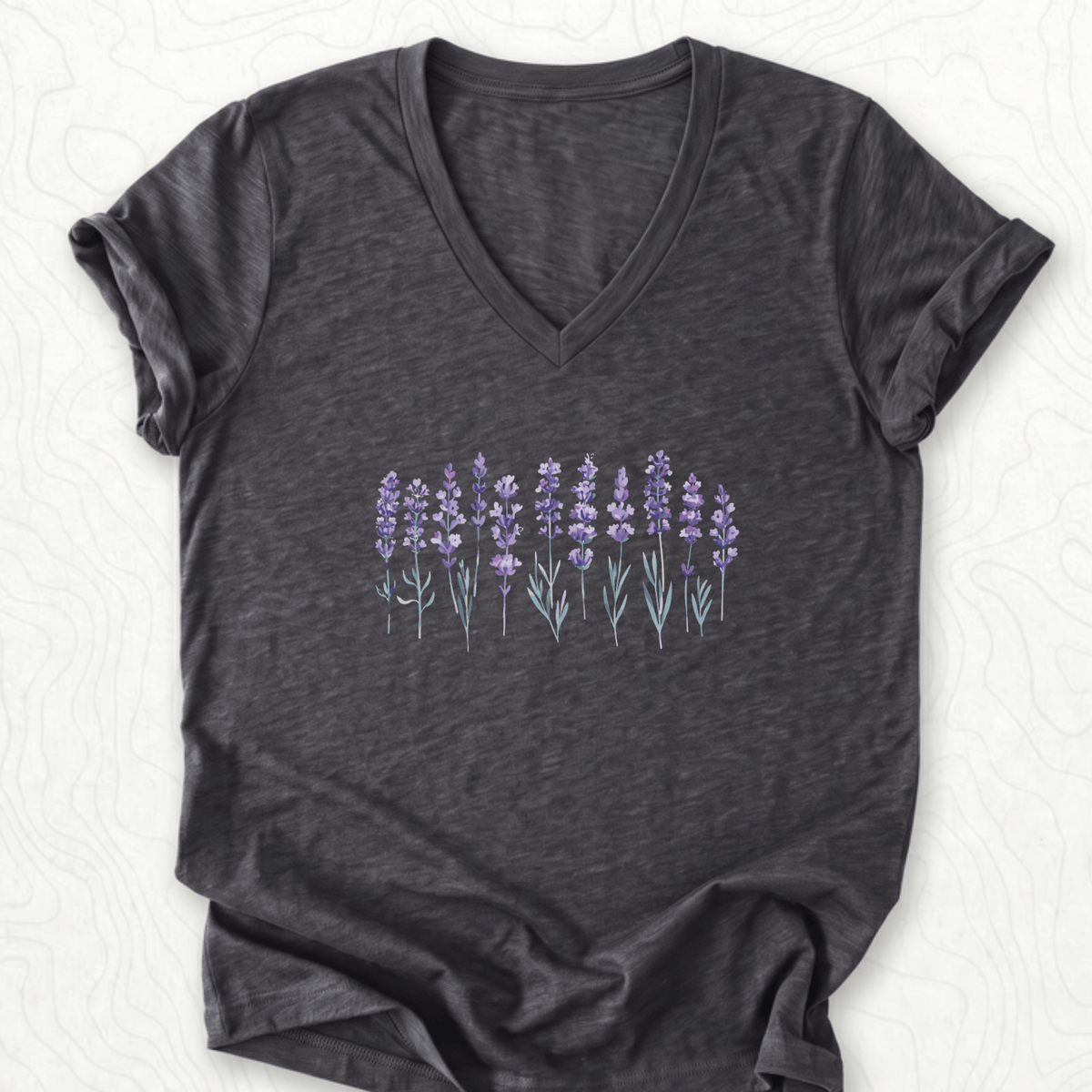 Lavender Flowers V-Neck - Dark Grey Heather