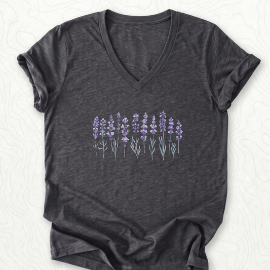 Lavender Flowers V-Neck - Dark Grey Heather