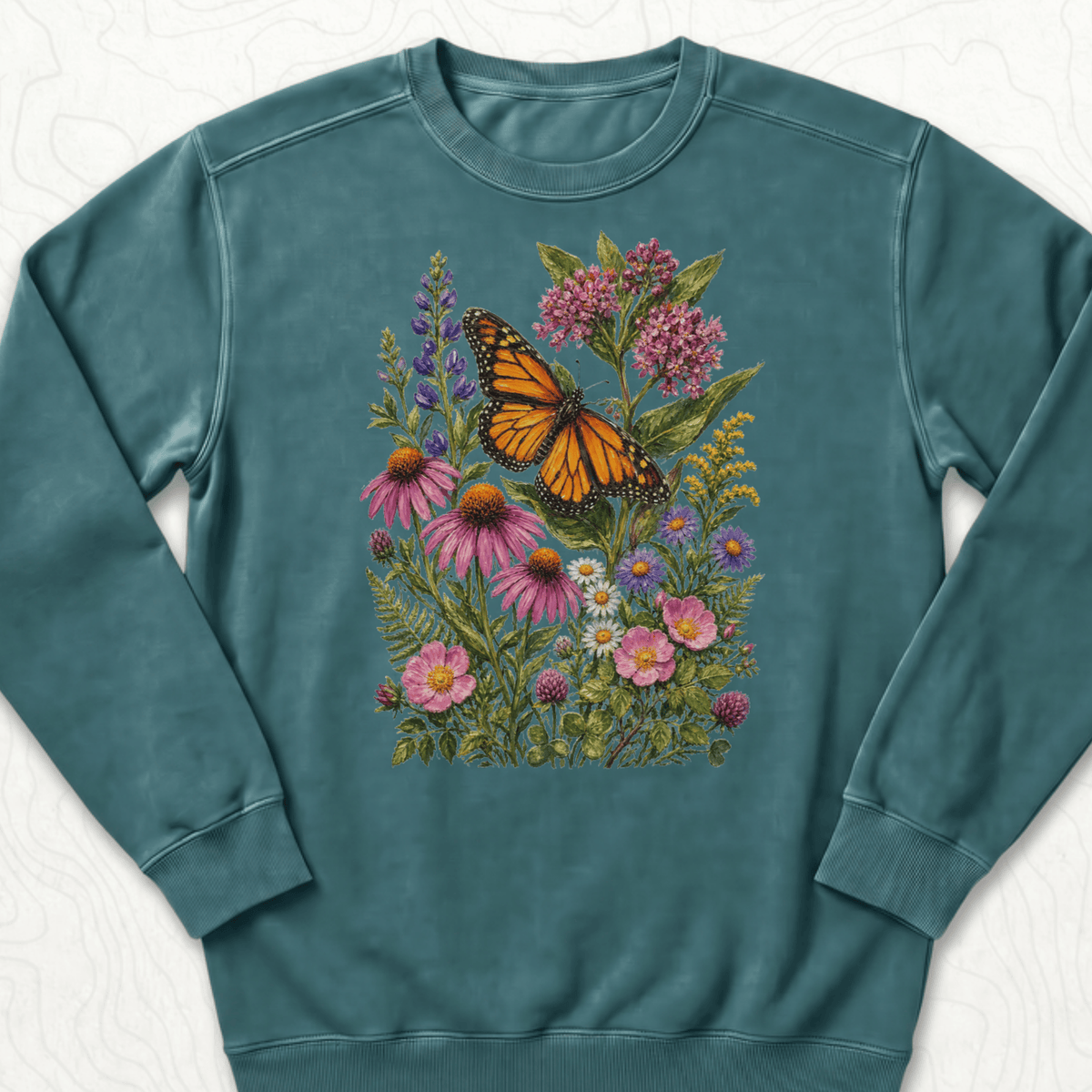 Monarch Wildflowers Sweatshirt - Blue Spruce