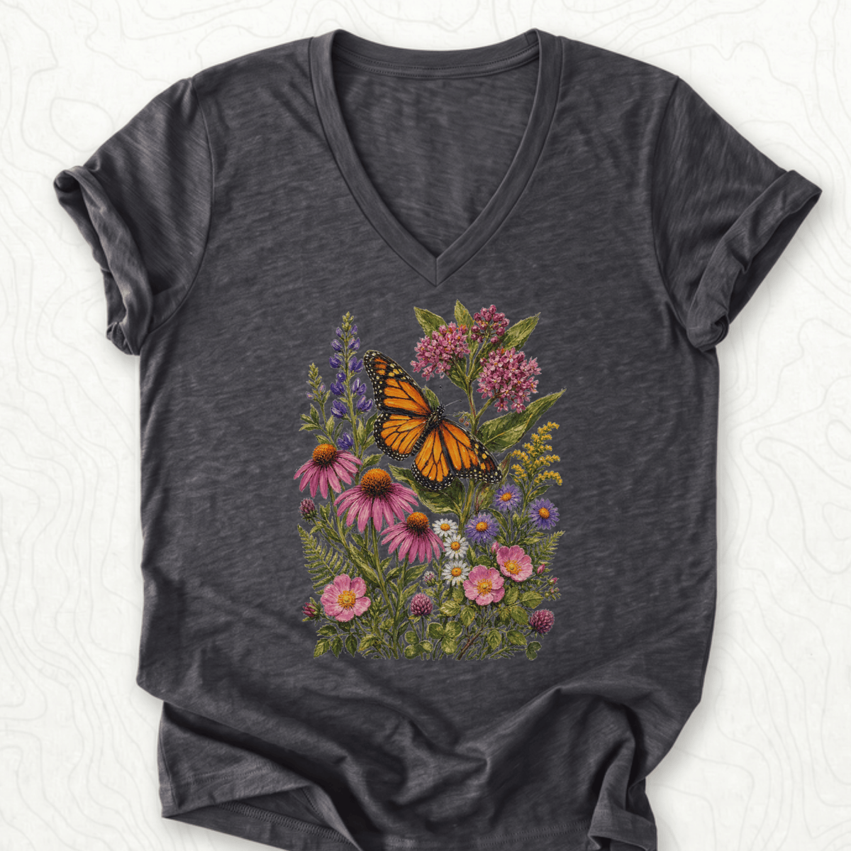 Monarch Wildflowers V-Neck - Dark Grey Heather