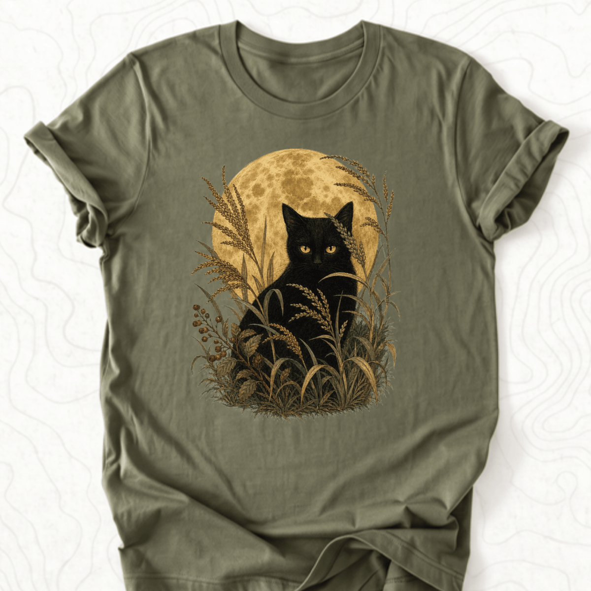 Moonlit Black Cat Tee - Military Green