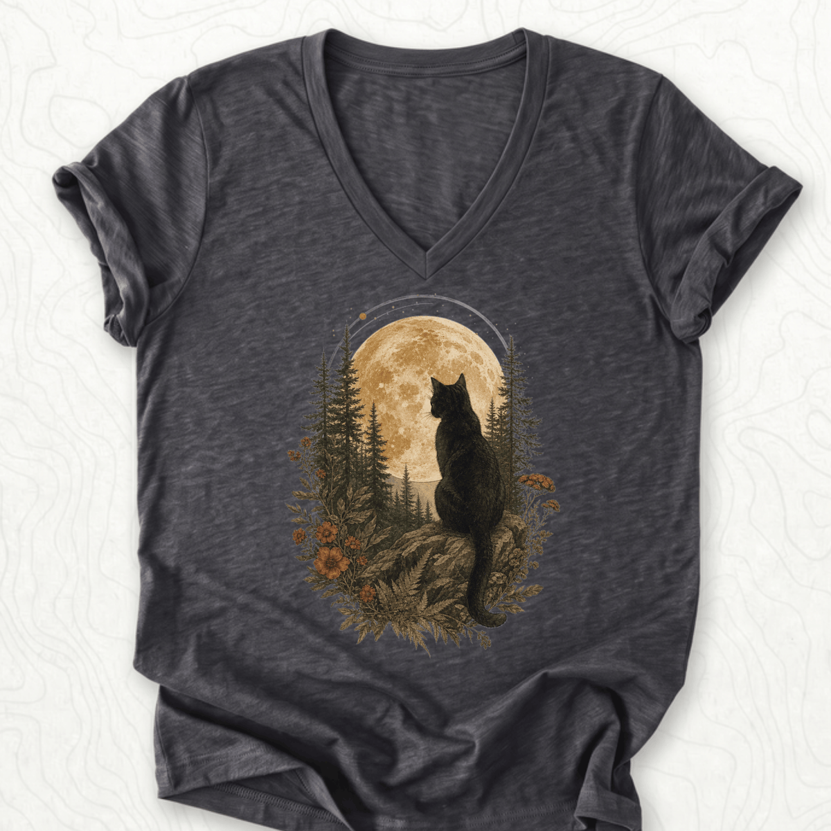 Moonlit Cat V-Neck - Dark Grey Heather