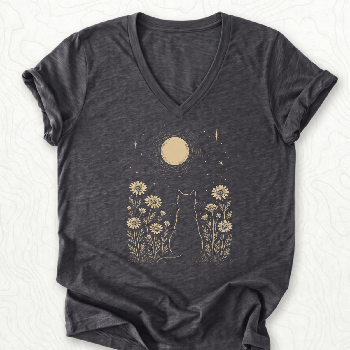Moonlit Cat V-Neck - Dark Grey Heather
