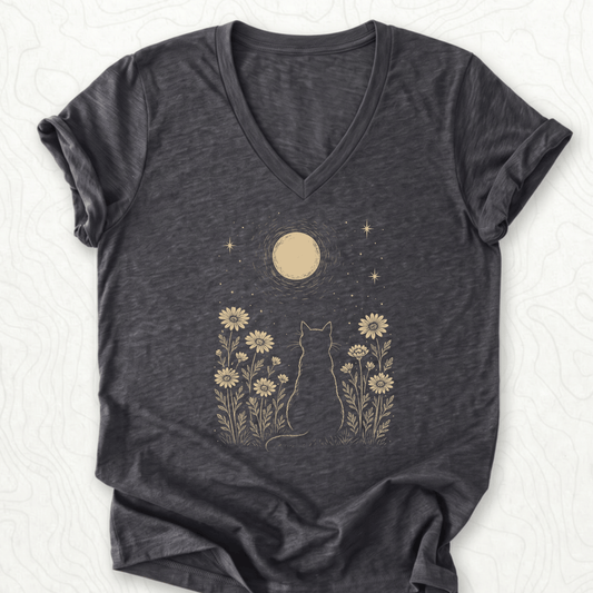 Moonlit Cat V-Neck - Dark Grey Heather
