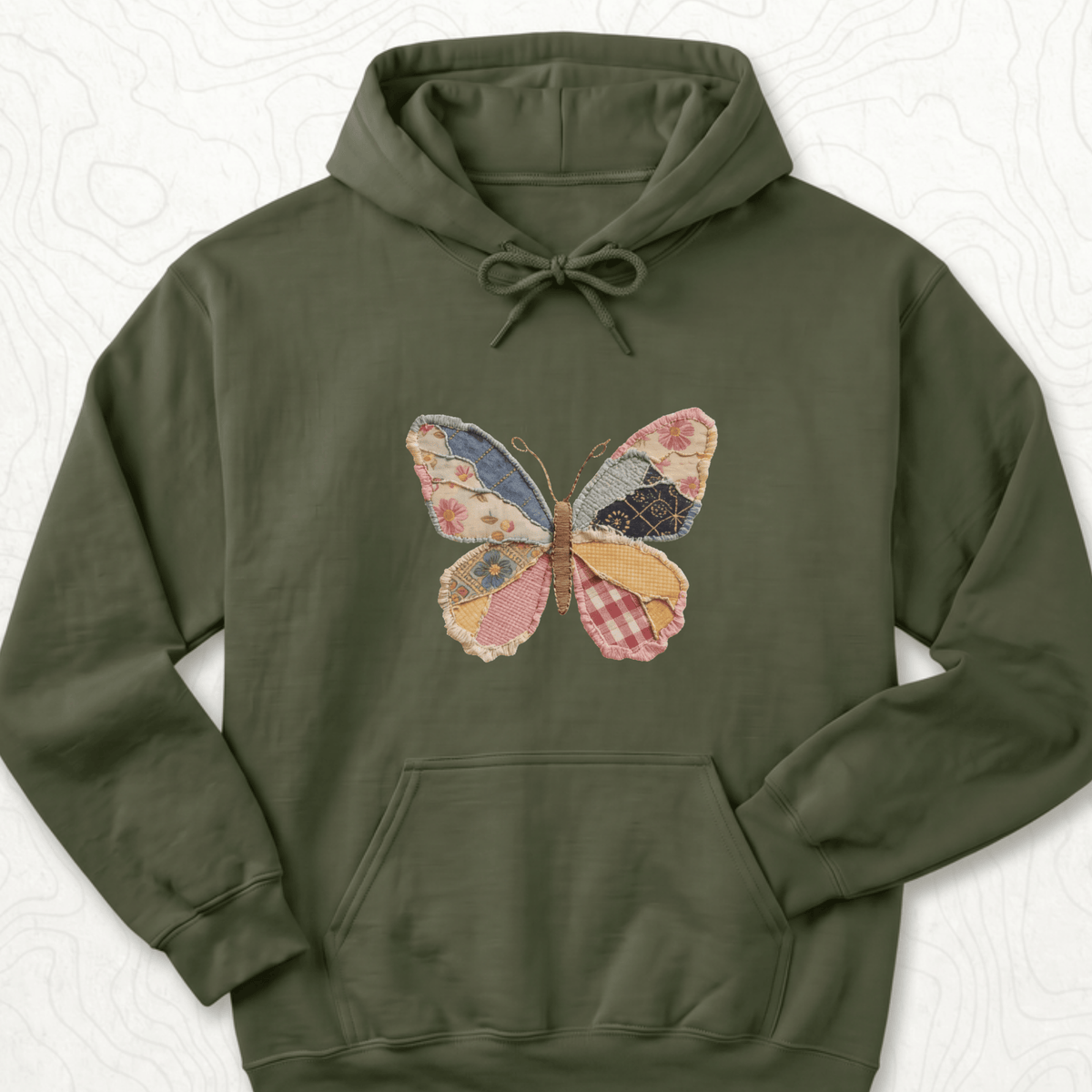 Faux Patchwork Butterfly Hoodie - Military Green