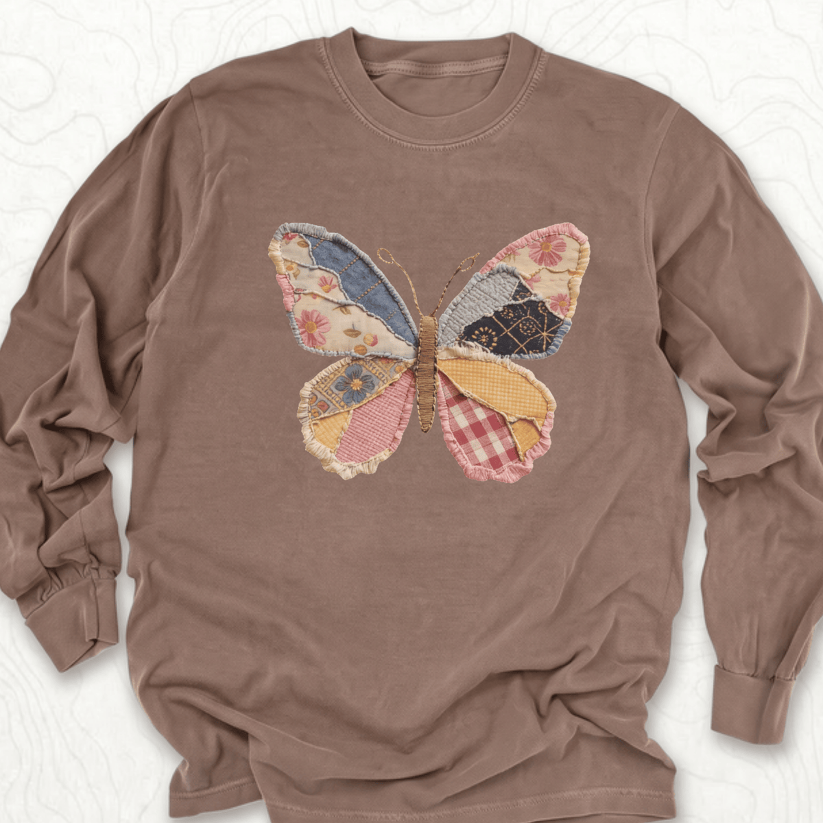 Faux Patchwork Butterfly LS T-shirt - Espresso