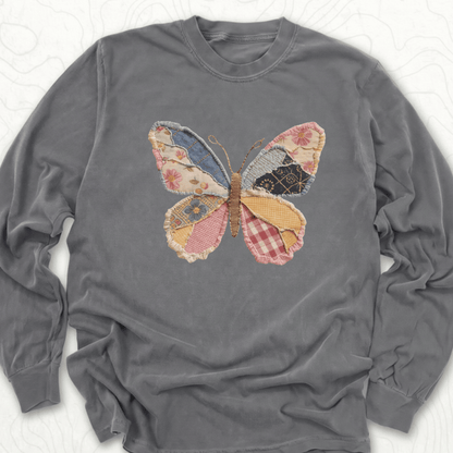 Faux Patchwork Butterfly LS T-shirt - Pepper