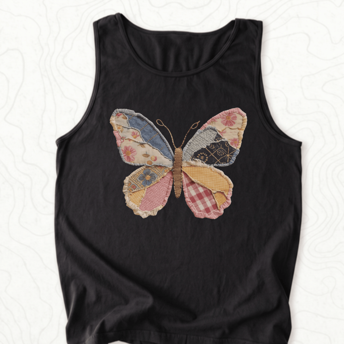Faux Patchwork Butterfly Tank Top - Black