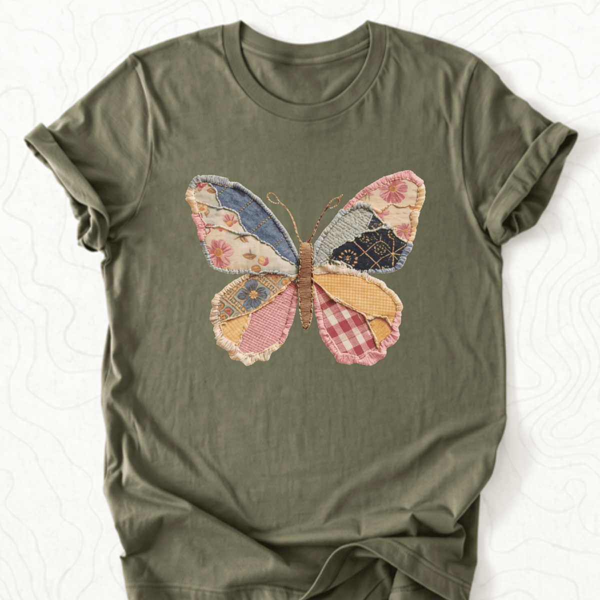 Faux Patchwork Butterfly Tee - Military Green
