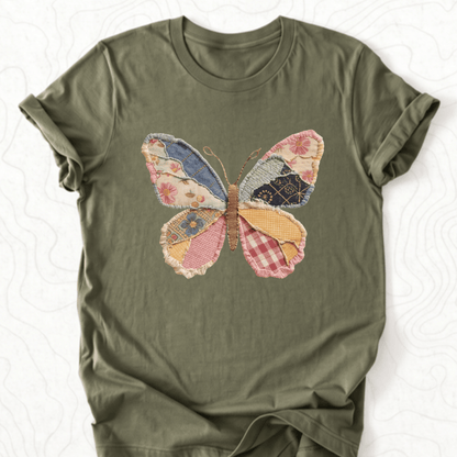 Faux Patchwork Butterfly Tee - Military Green