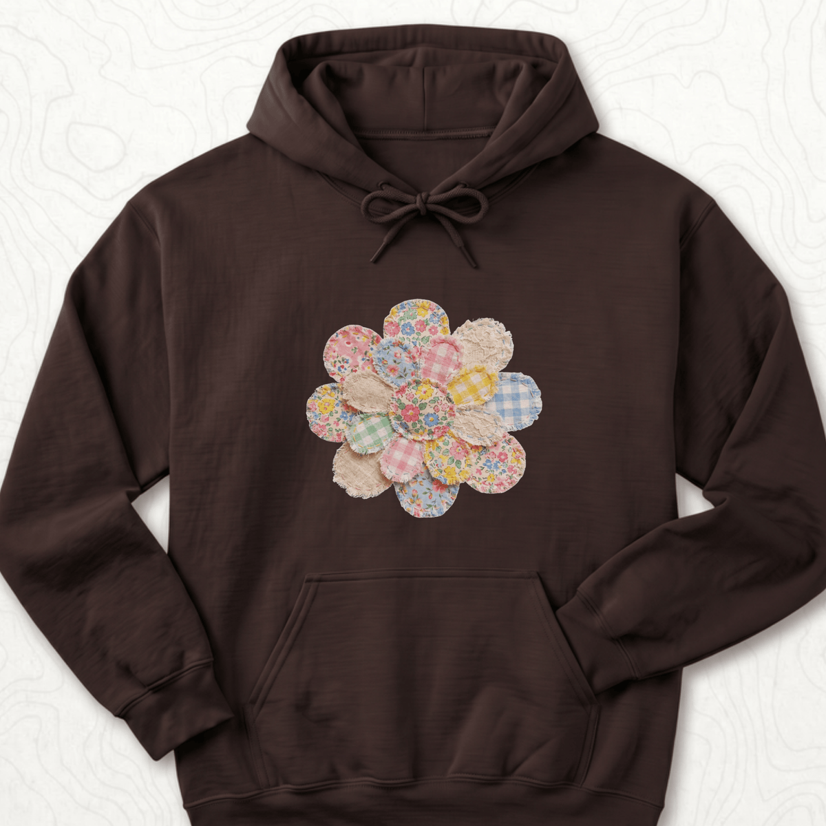 Faux Patchwork Flower Hoodie - Dark Chocolate