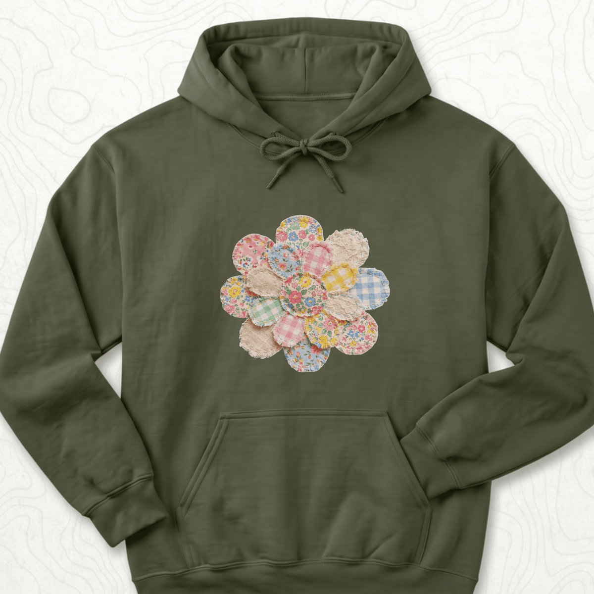 Faux Patchwork Flower Hoodie - Military Green