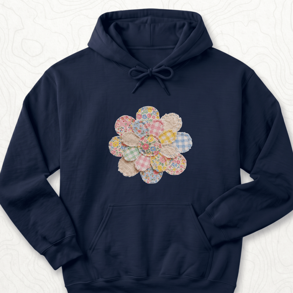 Faux Patchwork Flower Hoodie - Navy