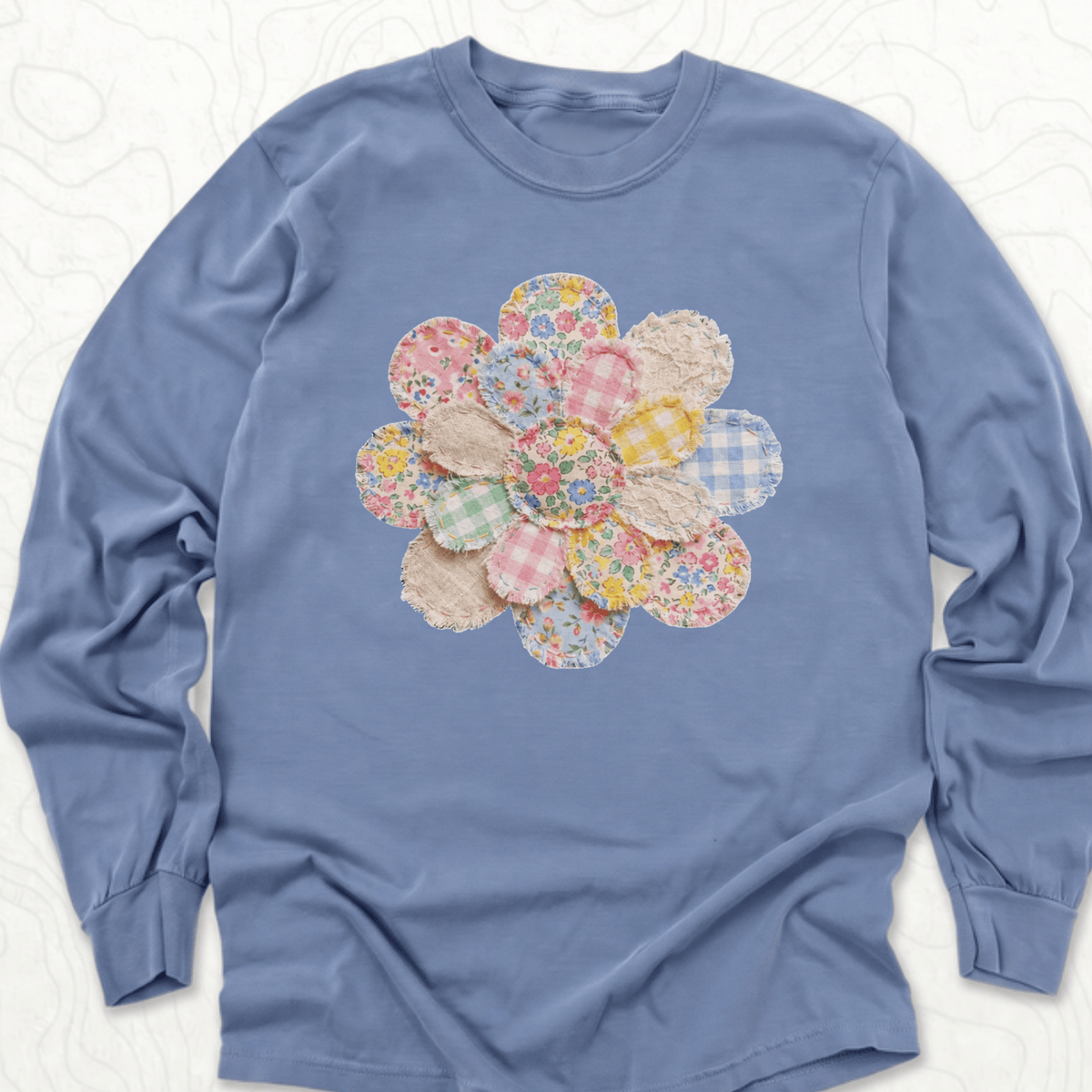 Faux Patchwork Flower LS T-shirt - Blue Jean